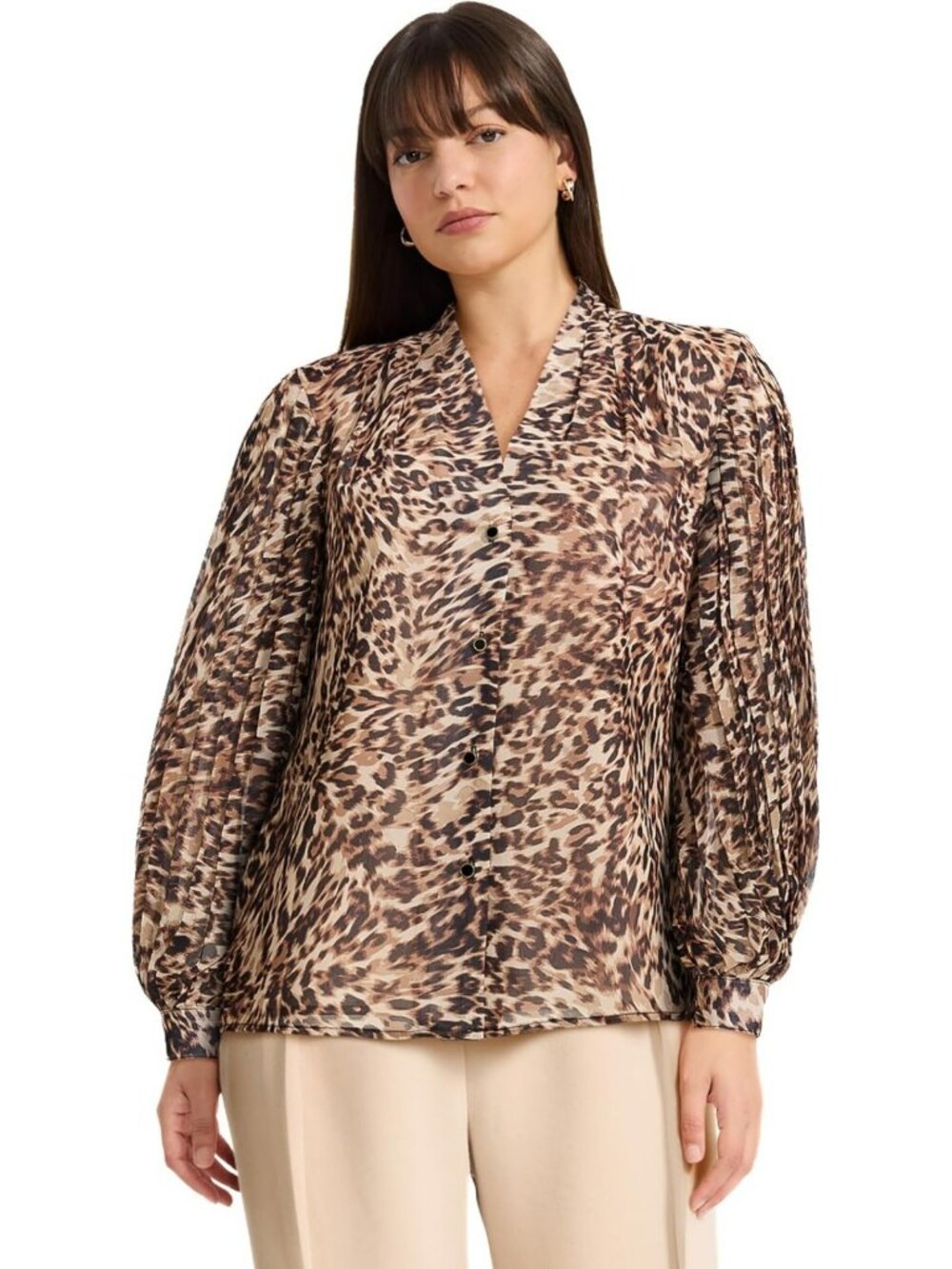 Chic Women's Long Pleated Sleeve V-Neck Button Front Blouse - Perfect for Any